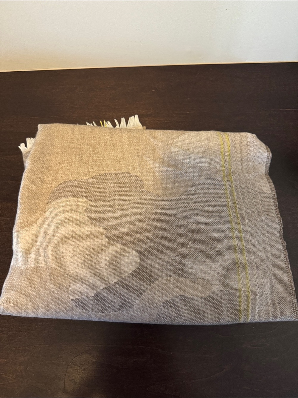 GAP Neutral Camo Pattern Fringed Scarf with Subtle Yellow Stitching